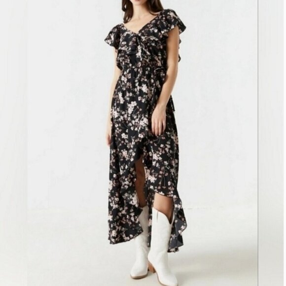 Hint of Blush Black Floral Ruffle High Low Maxi Dress Size 3X NEW - Picture 1 of 11